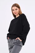 Kadın Siyah Pamuklu Oversize Basic Bisiklet Yaka Sweatshirt thumbnail 3