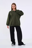 Haki Kadın Pamuklu Oversize Basic Bisiklet Yaka  Sweatshirt thumbnail 2