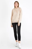 Kadın Bej Kapüşonlu Basic Örme Sweatshirt thumbnail 4