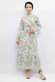 Moda Çizgi Çiçek Desenli  Pileli Elbise Mint thumbnail 5