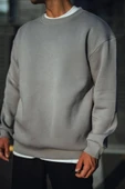 Kışlık Bisiklet Yaka Üç İplik Basic SweatShirt - Boyalı Gri thumbnail 1