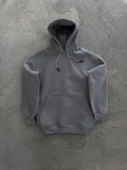 Kapşonlu Üç İplik Penye Basic SweatShirt - Boyalı Gri thumbnail 2