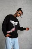 Erkek Güvercin Baskılı Sweatshirt - Siyah thumbnail 4
