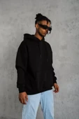 Erkek Düz Kapüşonlu Sweat - Siyah thumbnail 2