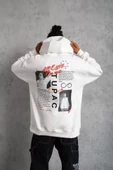 Erkek Ön Arka Baskılı Kapşonlu Sweat - Beyaz thumbnail 3