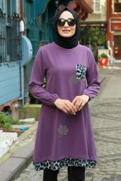 Leopar Cep Detaylı Tunik - Mor thumbnail 1