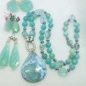 2440 Larimar Amazonit obsidyen Hematit el yapımı düğümlü kolye thumbnail 1