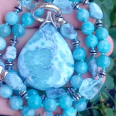 2440 Larimar Amazonit obsidyen Hematit el yapımı düğümlü kolye thumbnail 3