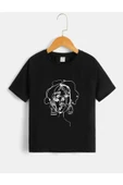 Oversize Siyah Çizgisel Yüz Baskılı T-shirt thumbnail 1