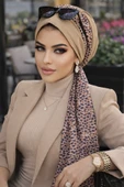 Aişe Tesettür Camel Desen Fularlı Bone thumbnail 1