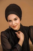 Aişe Tesettür Siyah Simli Piliseli Abiye Atkılı Bone thumbnail 2
