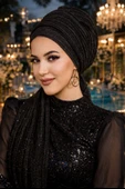 Aişe Tesettür Siyah Simli Piliseli Abiye Atkılı Bone thumbnail 1
