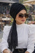 Aişe Tesettür Siyah Dantel Fularlı Bone thumbnail 1