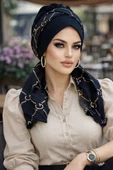 Aişe Tesettür Siyah Marka Desen Fularlı Bone thumbnail 1