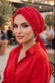 Aişe Tesettür Kırmızı Dantel Tokalı Bone thumbnail 1