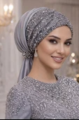 Aişe Tesettür Ekru Dore Simli Abiye Tokalı Bone thumbnail 1