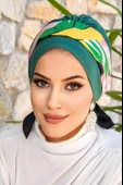Aişe Tesettür Yeşil Çok Renkli Bantlı Bone thumbnail 3