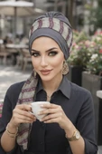 Aişe Tesettür Gri Pudra Fularlı Bone thumbnail 2