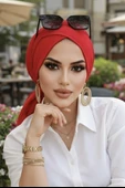Aişe Tesettür Kırmızı Çapraz Bantlı Bone thumbnail 2