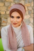 Aişe Tesettür Karamel Bej Desen Fularlı Bone thumbnail 2