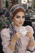 Aişe Tesettür Karamel Zebra Fularlı Bone thumbnail 2