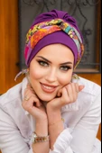 Aişe Tesettür Taba Çizgi Desenli Bantlı Bone thumbnail 1