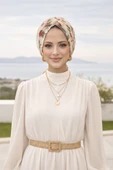 Aişe Tesettür Ekru Çicek Tokalı Bone thumbnail 3