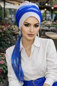 Aişe Tesettür Beyaz Saks Mavi Fularlı Bone thumbnail 1