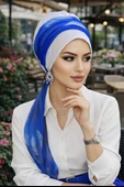 Aişe Tesettür Beyaz Saks Mavi Fularlı Bone thumbnail 2