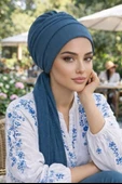 Aişe Tesettür Petrol Mavi Atkılı Bone thumbnail 1