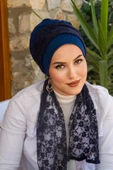 Aişe Tesettür Lacivert Dantelli Fularlı Bone-40601 thumbnail 2