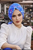 Aişe Tesettür Mavi Desenli Tokalı Bone thumbnail 1