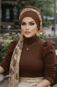 Aişe Tesettür Karamel Kahve Fularlı Bone thumbnail 2
