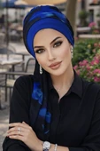 Aişe Tesettür Saks Siyah Batik Fularlı Bone thumbnail 2