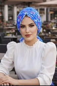 Aişe Tesettür Mavi Desenli Tokalı Bone thumbnail 2