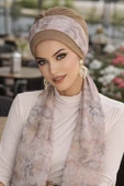 Aişe Tesettür Bej Ebruli Desen Fularlı Bone thumbnail 1