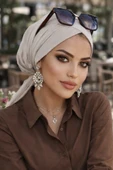 Aişe Tesettür Ekru Çapraz Bantlı Bone thumbnail 1