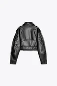 Kemerli Suni Deri Crop Biker Ceket thumbnail 4