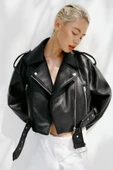 Kemerli Suni Deri Crop Biker Ceket thumbnail 1