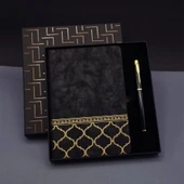 Gold Desen Siyah Deri Defter Kalem Set thumbnail 1
