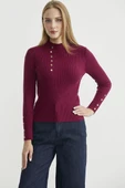 Fitilli Dik Yaka Basic Triko Kazak - Bordo thumbnail 3