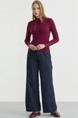 Fitilli Dik Yaka Basic Triko Kazak - Bordo thumbnail 4