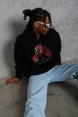 Erkek Eldiven Baskılı Kapüşonlu Sweat - Siyah thumbnail 3