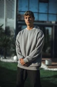 Kışlık Bisiklet Yaka Üç İplik Basic SweatShirt - Boyalı Gri thumbnail 2