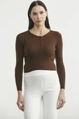 Fitilli Crop Triko Kazak - Kahve thumbnail 1
