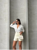 Kemerli deri şort krem h241003 thumbnail 5