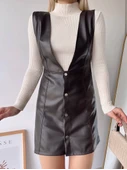 Deri jile elbise kahve w24796 thumbnail 3