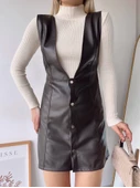 Deri jile elbise kahve w24796 thumbnail 1