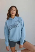 Kadın Kapüşonlu Dünya Baskılı Mavi Sweatshirt thumbnail 1