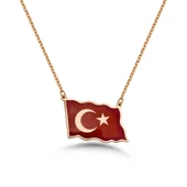 Türk Bayrağı Mineli Gümüş Kolye - Rose thumbnail 1